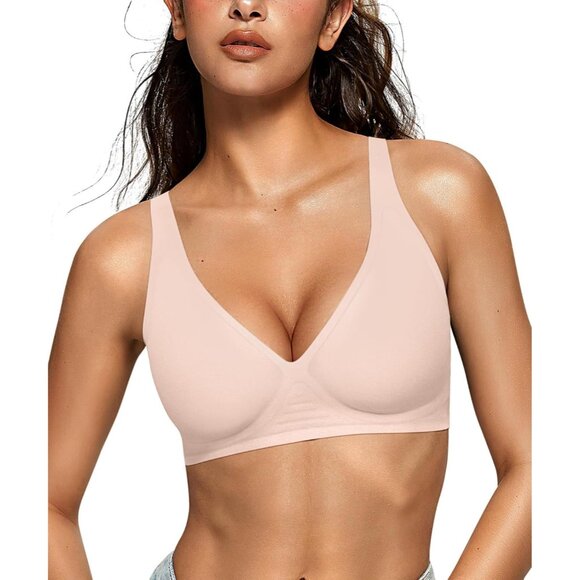 Women’s Deep V Wireless Bra Supportive Seamless T-Shirt Plunge Bralette Small - Picture 1 of 8